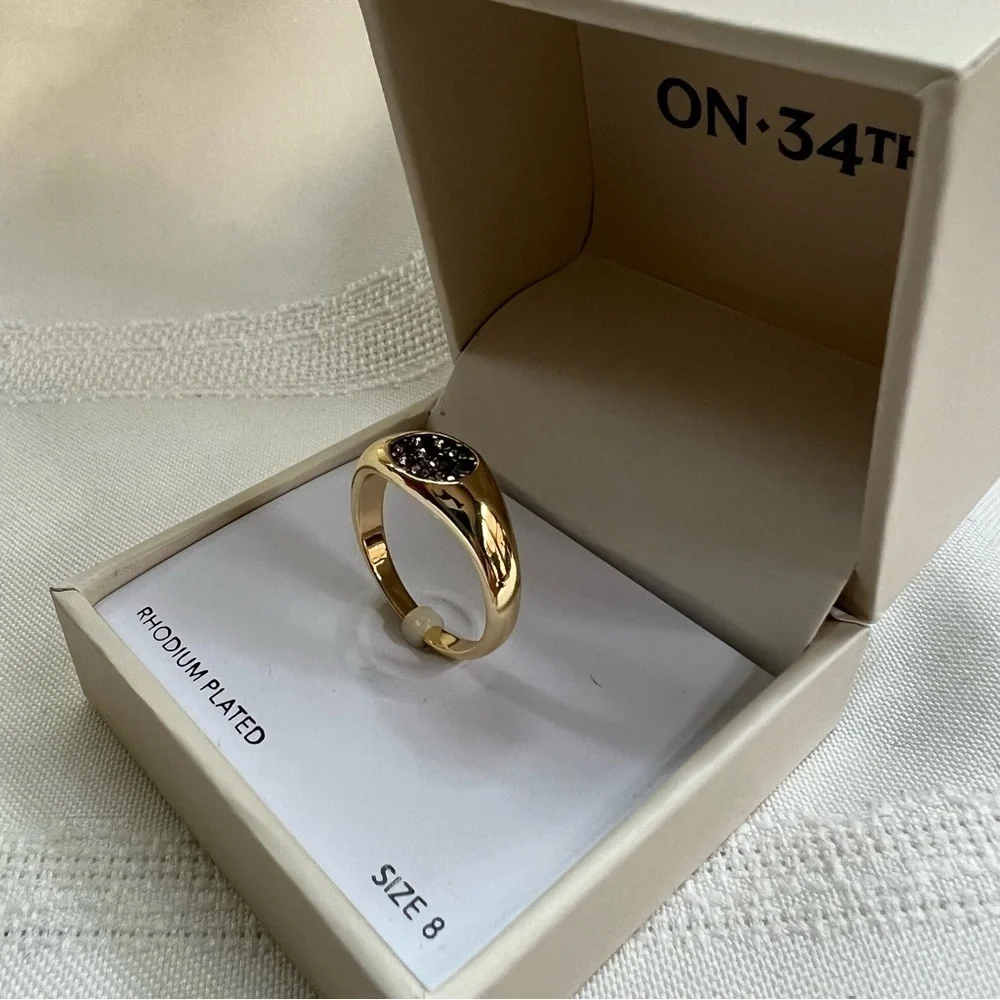 Signet Ring Crystal Pave Gold Tone Rhodium Plated Black Enamel Sz 8 NWT 💥SALE💥